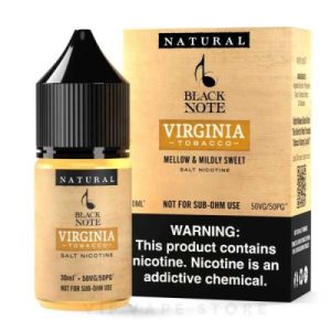 Black Note Virginia tobacco 30ml prelude- mellow & mildly sweet a mellow and mildly sweet taste. blend is renowned for its inherent sweetness, offering a spectrum of leaves ranging from lemon yellow to deep mahogany, their hues reflecting their position in the tobacco plant. In the rich tapestry of tobacco's history, a pivotal moment unfolded with a Virginia named Stephen overseeing the tobacco drying in barn fires. His unintended nap sparked a remarkable transformation, infusing the leaves with intense sweetness and a luminous yellow hue, reminiscent of caramelized sugar. This serendipitous metamorphosis captivated smokers, particularly enchanting newly initiated French women smokers. This twist of fate catapulted Virginia tobacco to unparalleled popularity, solidifying its position as one of the world's most prevalent tobaccos. Features: Process involves the natural extraction of real tobacco leaves, handpicking the finest leaves and using only the best parts. No artificial flavors, sweeteners, and synthetic nicotine, ensuring an authentic experience. Plus, products contain no Diacetyl, Acetyl Propionyl, Ethylene Glycol, Diethylene Glycol, Acrolein, or Acetoin, prioritizing safety and quality. small-batch production, allowing for meticulous attention to detail and consistency in every batch. designed for: 50VG/50PG E liquids are for higher ohms of coil. Coil Recommendation: Higher resistance coil (MTL). Device Recommendation: Low Wattage & Pod kit Based Systems (Mouth-To-Lung Devices). for best results do not go above 18 watts.